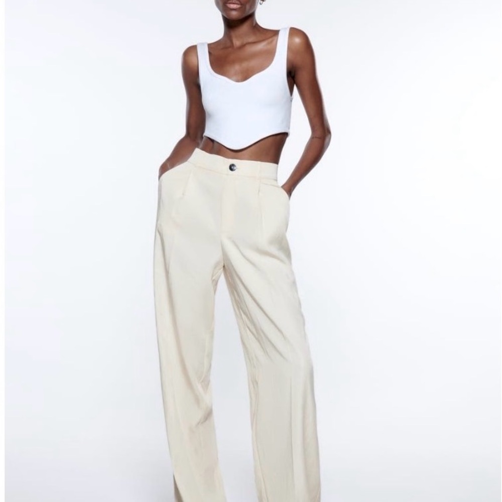 Zara High-Rise Wide-Leg Cream Trousers